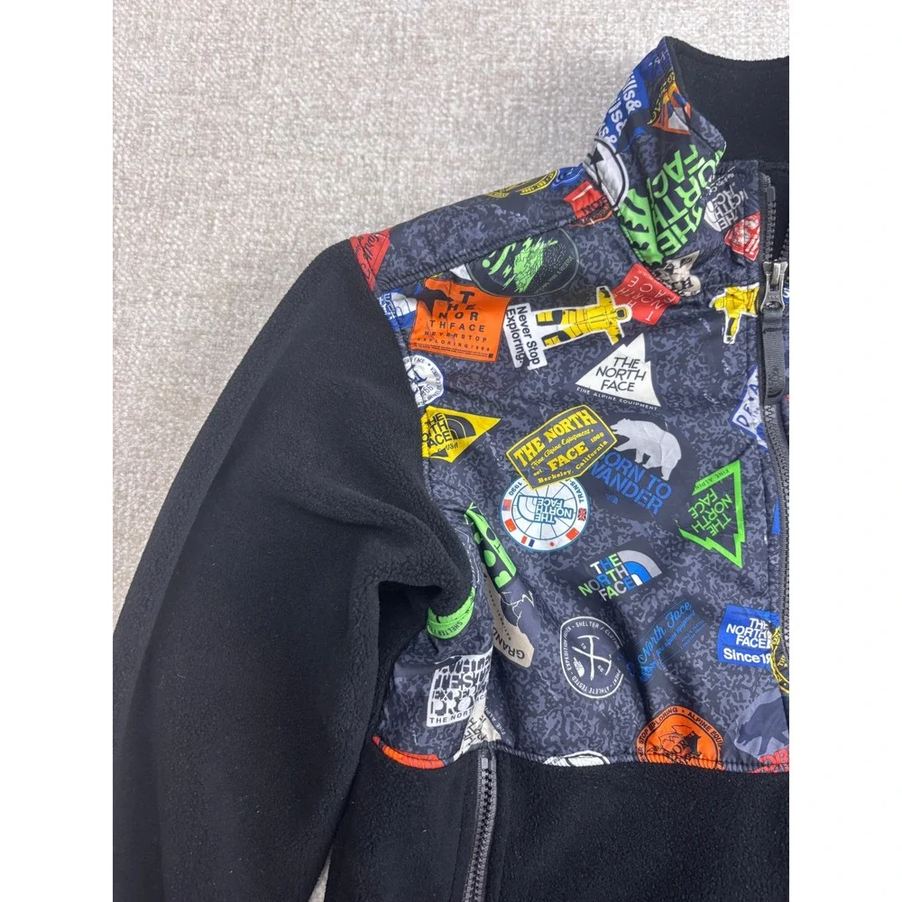 The North Face Boy Denali Fleece Jacket Black Sticker Print Full Zip Large 14/16
